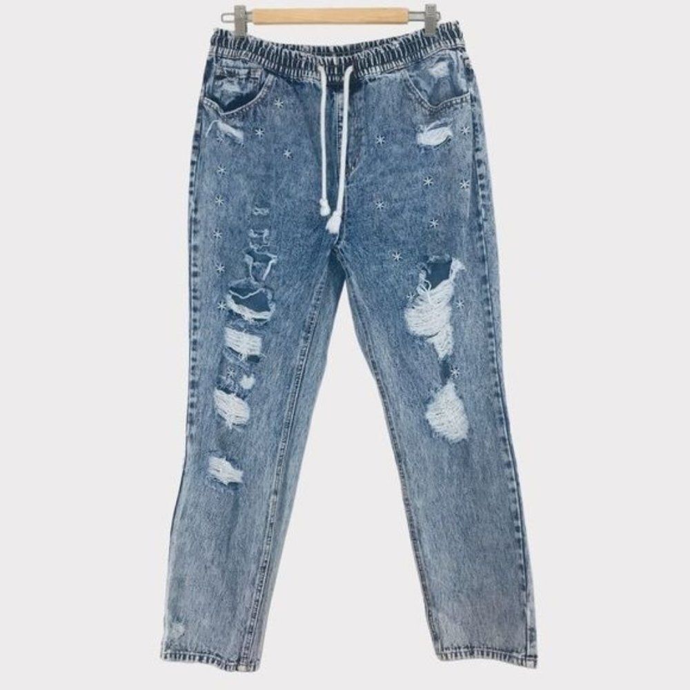 EASEL High Rise Floral Embroidered Jeans Distressed Straight Leg Drawstring Larg